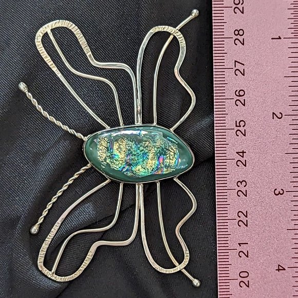 Lg BUTTERFLY Iridescent Green Dichroic RULA GLASS 925 Sterling Silver PIN Brooch - Picture 3 of 4